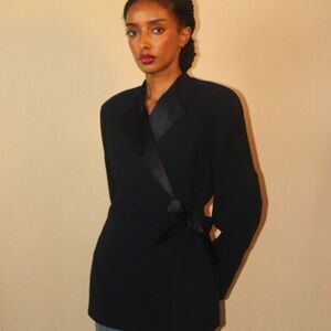 Le Suit Petite Wrap Blazer with Satin Lapel Blue Black